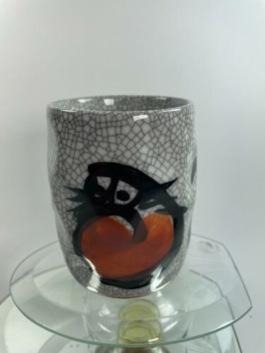 Japanese Saki Cup Crackled Grey Black Writing Poem Insulated Sushi Mug Rare C18
