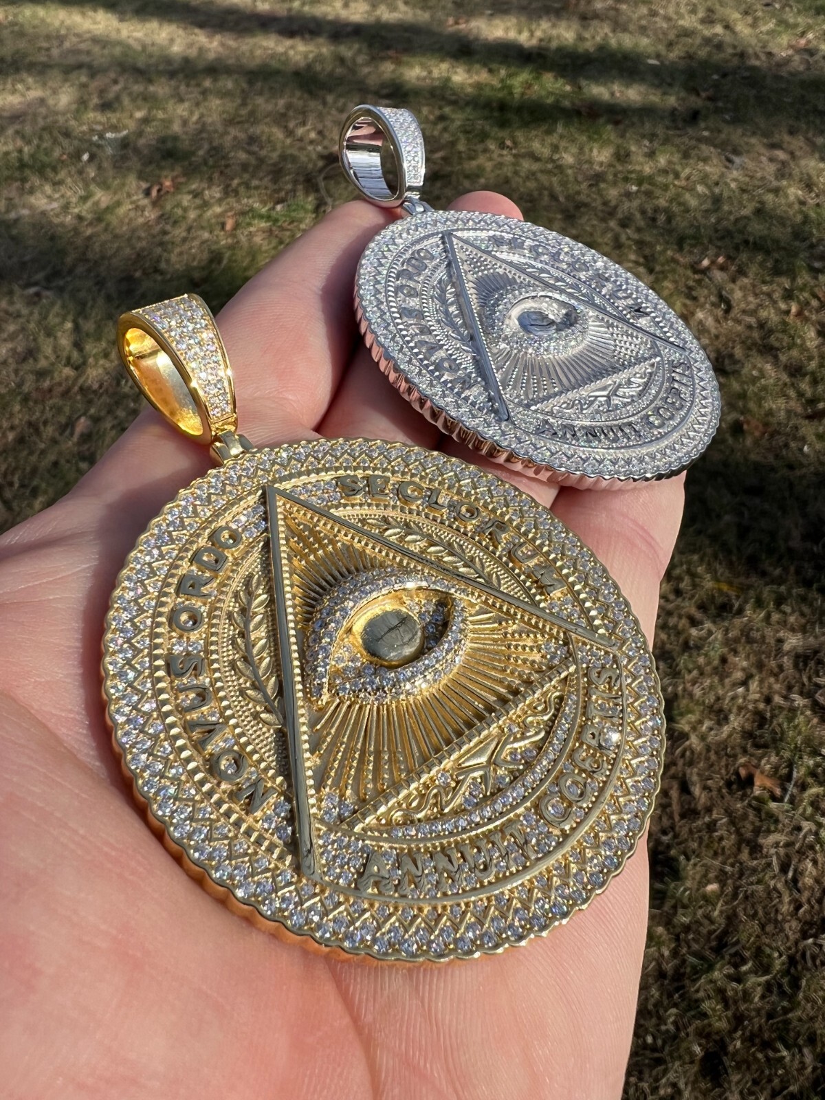 Pre-owned Harlembling Moissanite Huge 3" All Seeing Illuminati Eye Masonic Medallion Necklace Silver