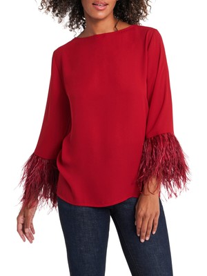 

VINCE CAMUTO Женский красный прозрачный вечерний топ с перьями и рукавами 3/4 с вырезом под замочную скважину