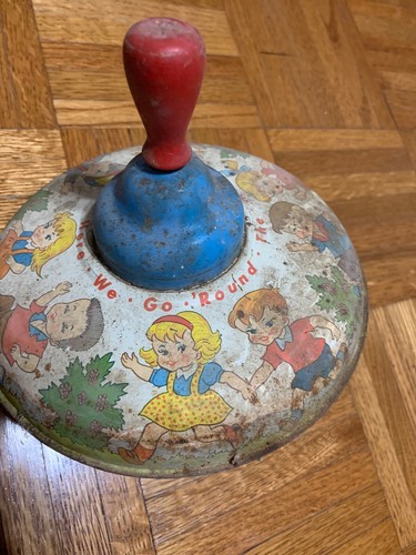 Vintage Ohio Art Tin Litho Toy Spinning Top Here We Go Round the Mulberry Bush