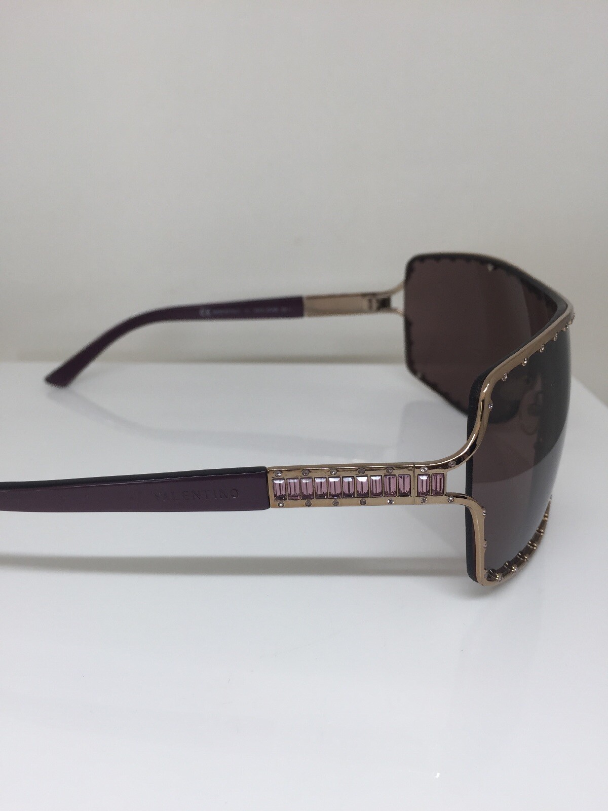 Pre-owned Valentino Shield Sunglasses  5435 Sunglasses W/ Swarovski Crystals In Shiny Silver & Red Logo & White Temples