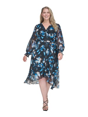 DKNY Womens Black Lined Belted Sleeves Blouson Sleeve Fit + Flare Dress Plus 22W