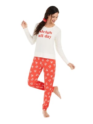 Jenni Printed Christmas Pajamas & Hair Scrunchie 3pc Set, Candy Cane, M Red