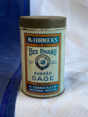 Vtg McCormick & Co USA Bee Brand Rubbed Sage No 90 Tin Can 2 OZ Container