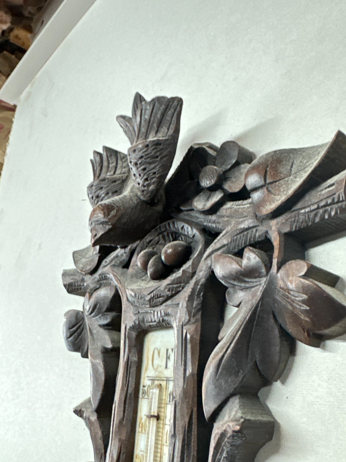 antique black forest barometer carved birds p.m  tamson ornate