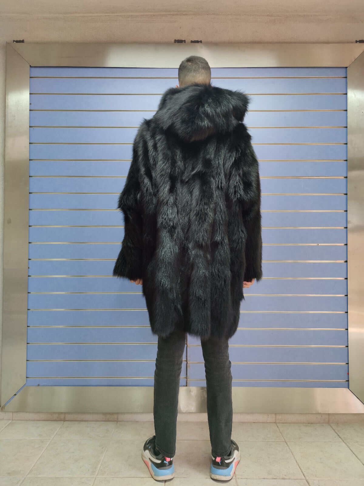 Pre-owned Fox Luxury Black  Fur Mens Coat Real Fur Jacket Shiny Black  With Hood
