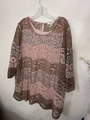 Cj Banks 3X Lace Tunic Knit Top Beige & Pink 3/4 Sleeve NWOT 