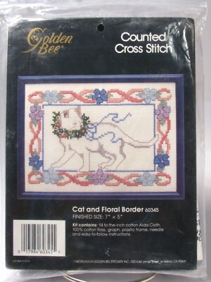 Golden Bee Counted Cross Stitch Kit Cat and Floral Border with Frame 7x5'' 1988