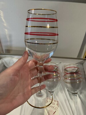 Franco Vetrerie-e Cristallerie Gold Red Stripe Crystal 4 Wine Glasses New In Box