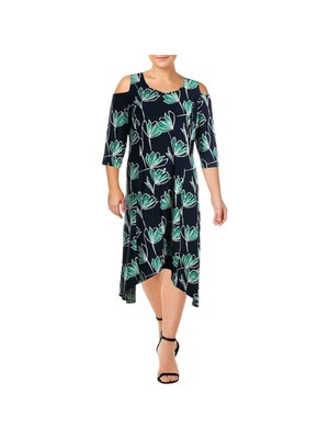 

NY COLLECTION Женское темно-синее платье с вырезом и принтом, рукавами 3/4 и вырезом с вырезом под горло плюс, Navy