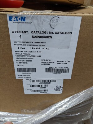 New Eaton 2kVA Buck Boost 240x480 Pri 24/48 Sec Transformer s20n08a02n 10:1