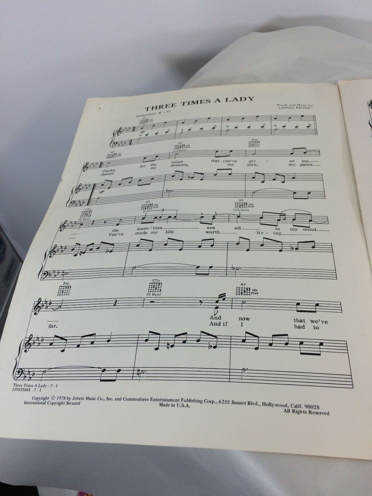 THREE TIMES A LADY-COMMODORES-LIONEL RICHIE WORDS & SHEET MUSIC-1978