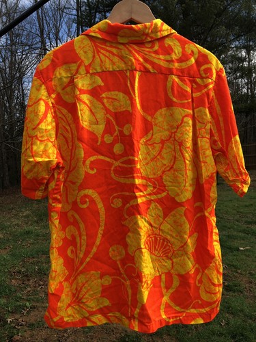 Large Vintage Neon Orange & Yellow Polynesia Bazaar Hawaiian Shirt Waikiki HI