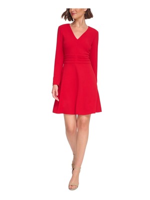 TOMMY HILFIGER Womens Red Zipped Sleeves Long Sleeve Short Dress Petites 8P
