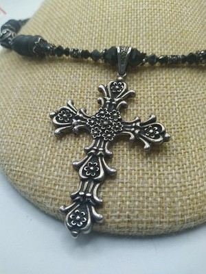 2.5" Taxco Mexico 925 Sterling Silver & Faceted Jet Bead Cross Pendant Necklace