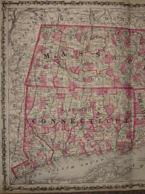1863 MASSACHUSETTS CONNECTICUT RI MAP CIVIL WAR ERA Johnson Geography Atlas