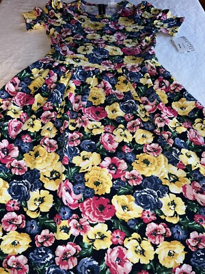 NEW LuLaRoe XL 18/20 16 Amelia Floral Blue Pink Yellow Pansies Peony Roses NWT