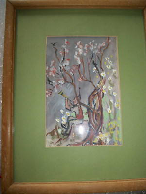 VTG. Hand painted Elf / Pixie sitting Blowing a Horn, Wood frame  matted Picture