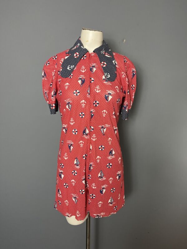 Vintage 70s Womens XS Playsuit Short Romper Nautical Print Red Blue // READ