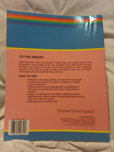 Vintage 1992 Barbie Giant Paint With Water Coloring Book by Golden New Unused