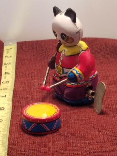 Vintage Collectible Panda Drummer Clockwork Wind-Up Tin Toy w/ Key