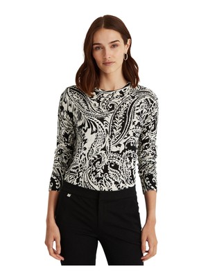 

RALPH LAUREN Женский черный свитер в рубчик с круглым вырезом и длинными рукавами с узором пейсли, размер