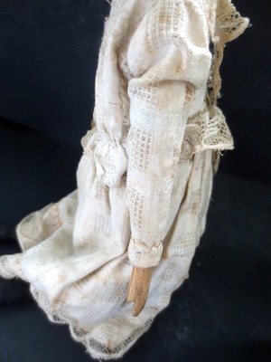 China Doll  Mid 19th cent. antique Cloth Wood  Body Dress Blue eyes  Stand 14