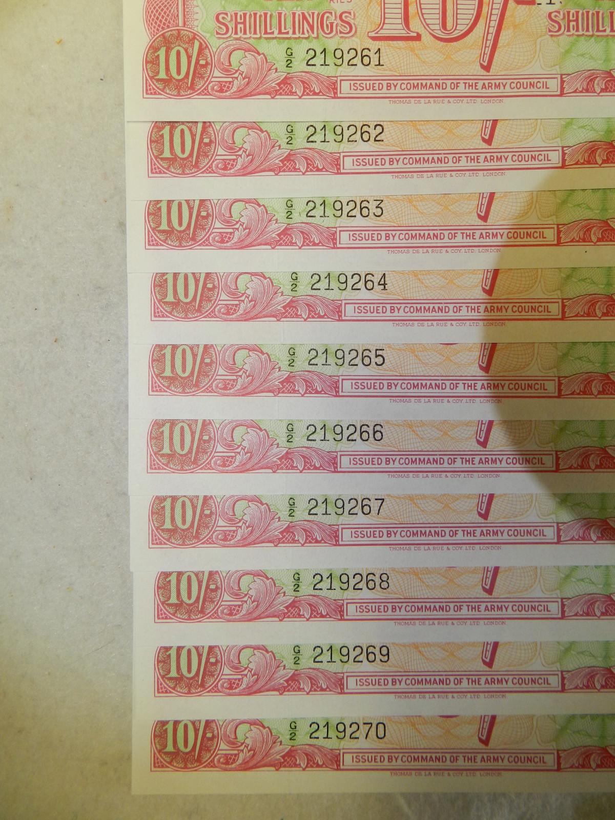 10 Sequential Serial Numbers British Armed Forces 10 Shillings Note WW2