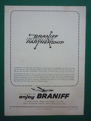 9/1964 PUB BRANIFF AIRWAYS AIRLINES US CITIES SOUTH AMERICA AIRLINER ORIGINAL AD