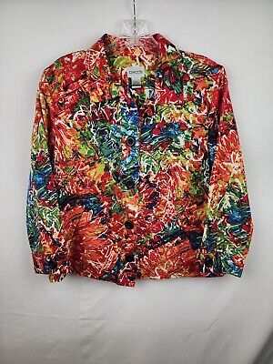  $118 Chicos Womens 1 Red Silk Blend Colorful Abstract Floral Print Light Jacket