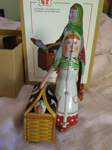 NRFB Reproduction Tin Toy Woman With Goose And Rooster
