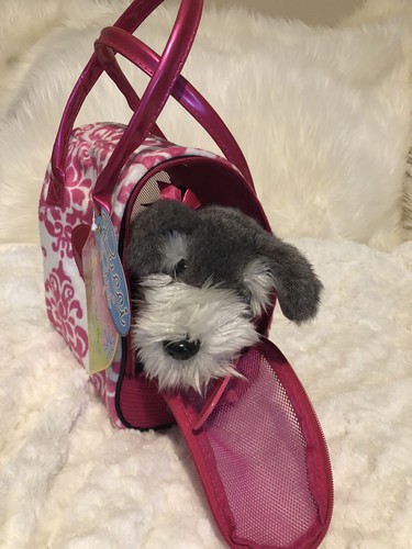 pucci pups pink and white plush bag and schnauzer