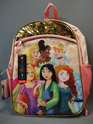 Disney Princess 17 inch Pink & Gold Backpack with 6 Princesses, School Bookbag