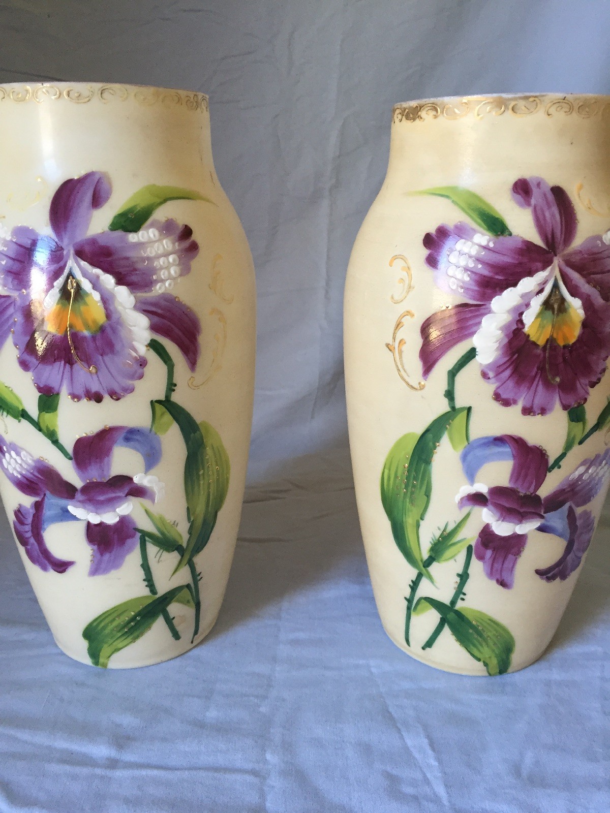 Antique Pair of Enamel Decorated Handpainted Bristol Vases 11 1/4