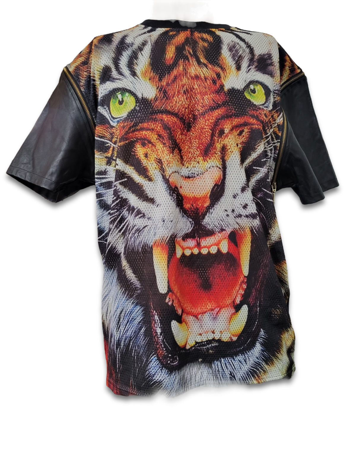 New Mens Smoke Rise Fierce Tiger Mesh T-Shirt PU Faux Leather Zip Off  Sleeves