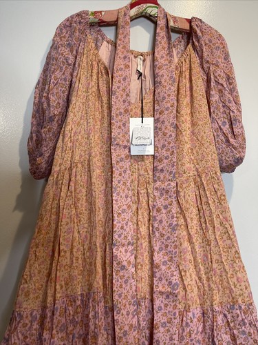 Pre-owned Free People X Spell & The Gypsy Collective Free People Spell Rae Gown Puff Sleeve Printed Tiered Maxi Dress M In Pink