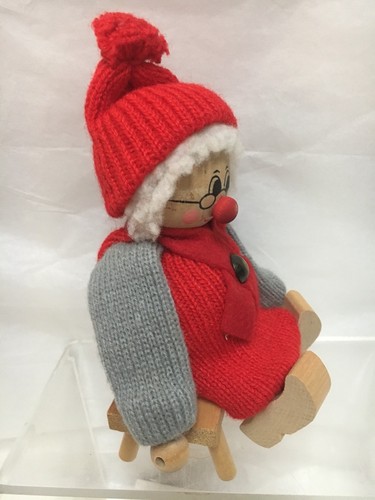 Made in Sweden MRS. SANTA CLAUS Knit Dress and Hat SITTING on a WOODEN BENCH