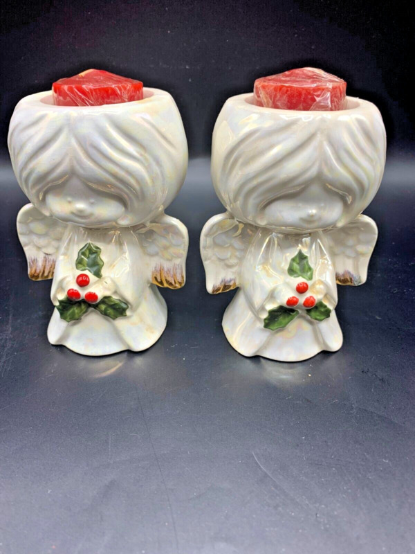 Vintage Christmas Japan Iridescent Glaze Pair Angel Candle Holders