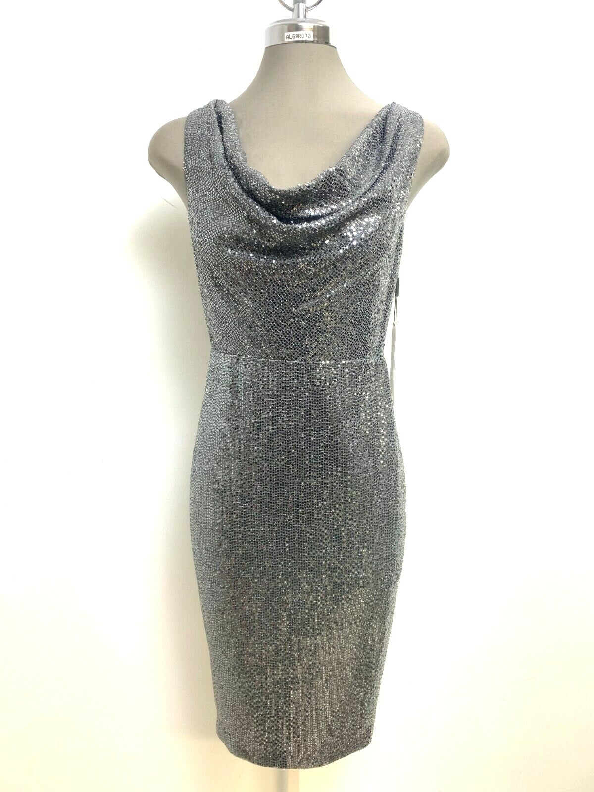 

Calvin Klein NWT Серебряное коктейльное платье-футляр с пайетками, размер 4, Серебряный