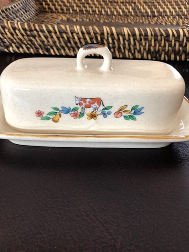 Butter Dish Beige With Cow And Flowers