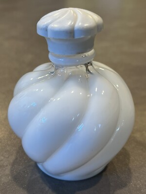 Vintage Fenton DeVilbiss Opalescent Milk Glass Swirl Perfume Bottle Lucite Lid
