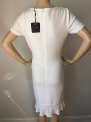 Pre-owned St John Knit Dress Size 2 Bright White Ruffle Santana Knit Wool Rayon