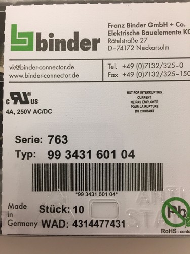 Box of 10 binder 99 3431 601 04 Integrated plug for PCB mounting, angled