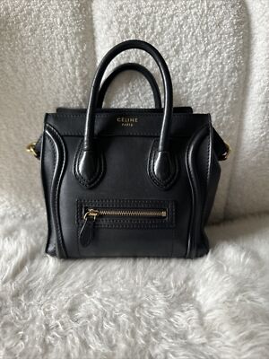 CELINE Phoebe Philo Luggage Nano Handbag Smooth Leather Black Gold Hardware Tote
