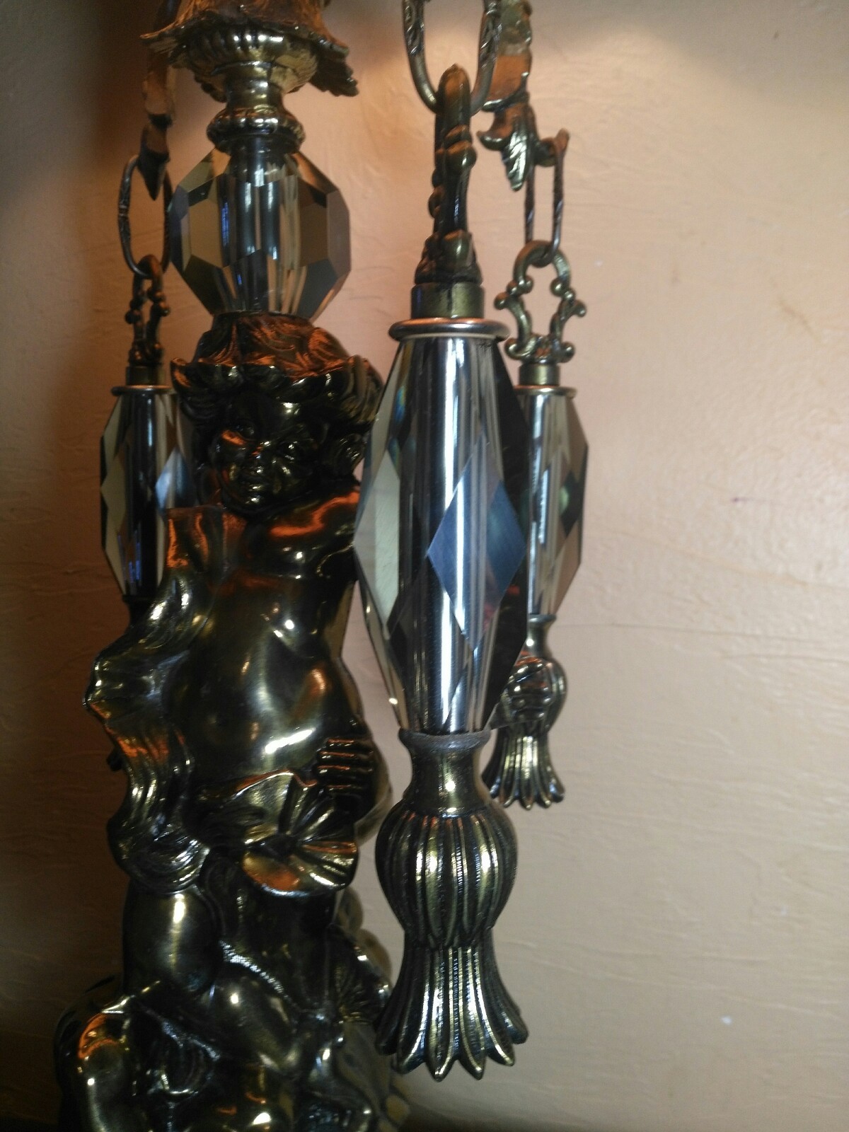 Antique Vtg L&LWMC Cherub/Cupid Lamp w/Hanging Prisms Lamp Hollywood Regency