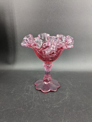 Vintage Dusty Rose Fenton Glass Cabbage Rose Double Crimped Pedestal Compote