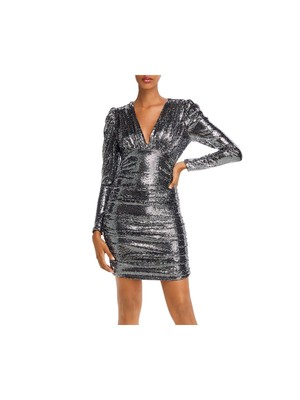 

BCBG MAXAZRIA Женское мини-коктейльное мини-платье с серебряной подкладкой и длинными рукавами с завышенной талией, Серебряный