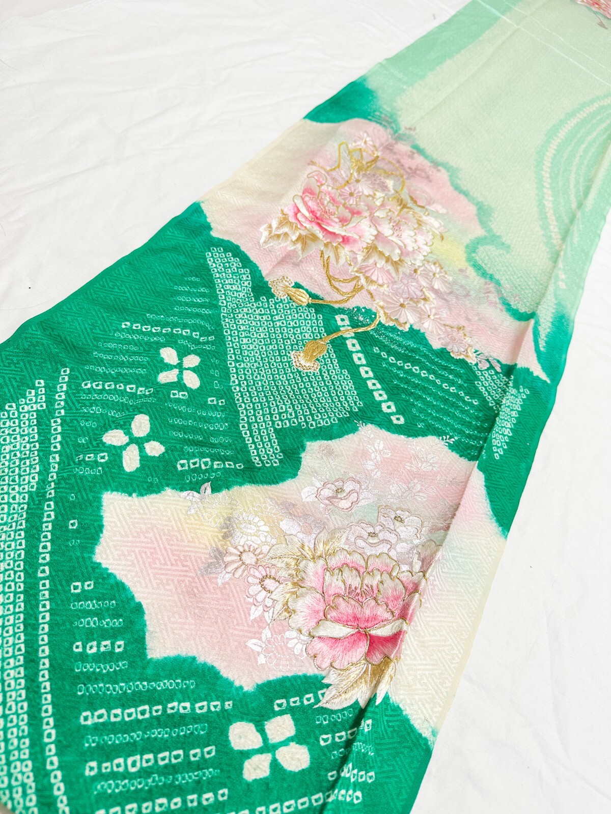 Vintage Kimono Fabric Picked From Furisode 68”x14” Green