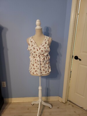 Acemi Size Xlarge Blouse Womens White Floral Sleeveless Vneck 