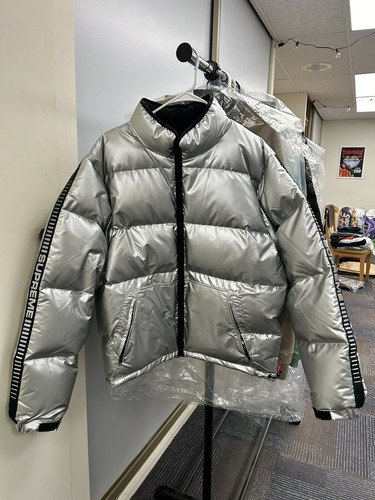 Supreme Reflective Sleeve Logo Puffy Jacket Silver Mens Supreme Reflective Sleeve Logo Puffy Jacket Silver Mens